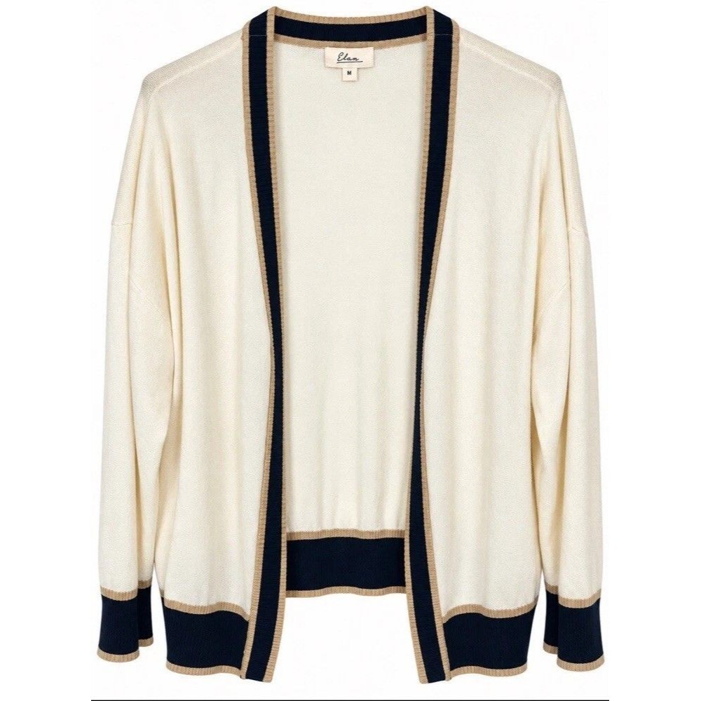 Elan Women’s Cardigan M Ivory Black Colorblock Open Front Preppy Career